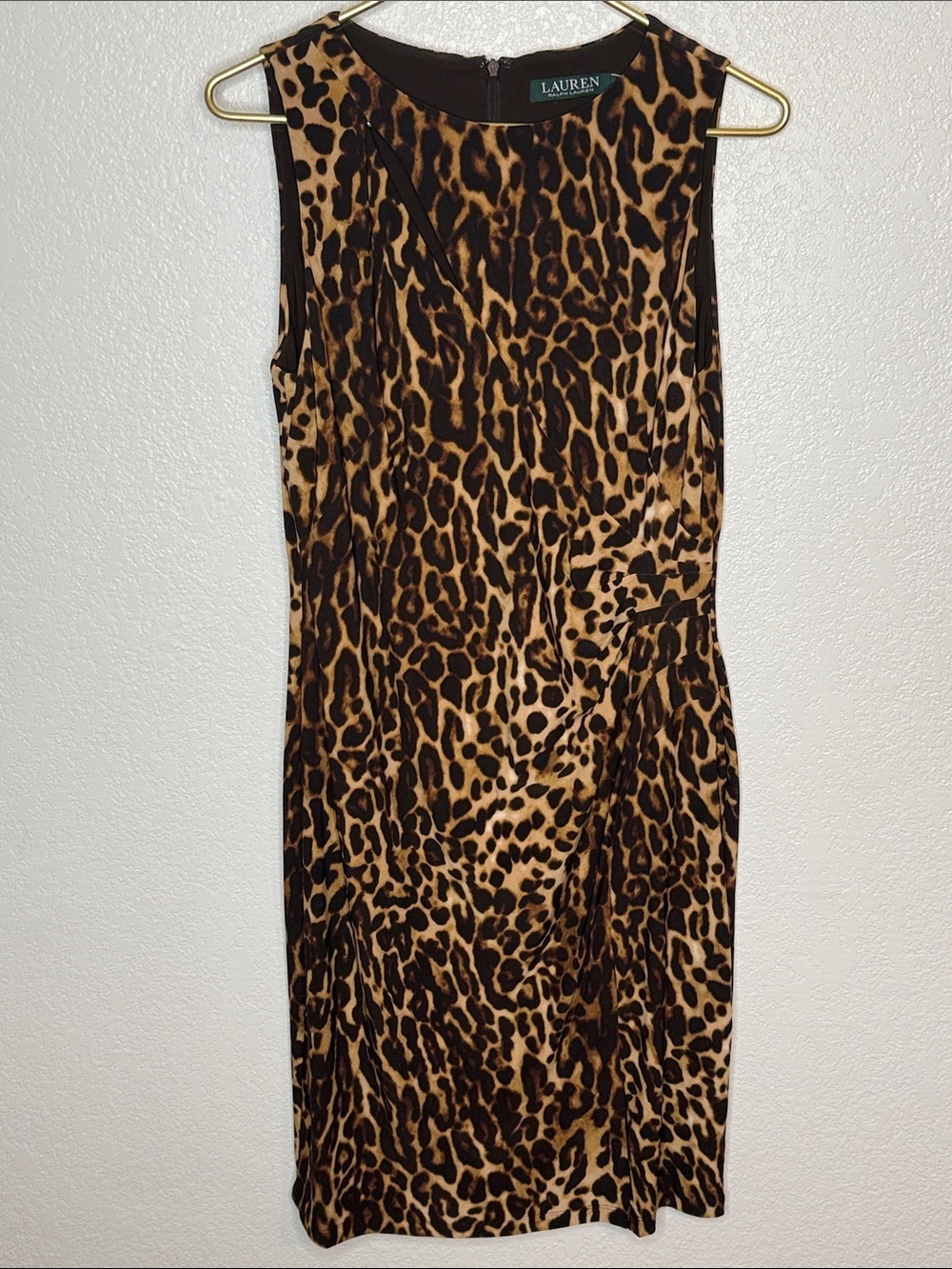 Lauren Ralph Lauren Leopard Ruched High Neck Dress With Cutout Size 12